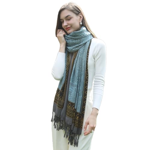 DANA XU 100% Merino Wool Extra Large Pashmina Shawl for Women - color: Blue Gold Floral