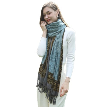 DANA XU 100% Merino Wool Extra Large Pashmina Shawl for Women - color: Blue Gold Floral