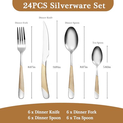 24 Piece Gold Hammered Silverware Set for 6, Premium Food-grade Stainless Steel Flatware Set, Luxury Design & Mirror Polished Cutlery Set, Eating Utensil Set with Fork Knife Spoon, Dishwasher Safe - color: Star Gold 24pcs