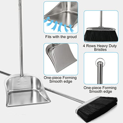 Heavy Duty Broom and Dust pan Set, Stainless Steel Broom and Dustpan Set with Long Handle, Broom with Dustpan Set for Home Standing Dust Pan Indoor Outdoor Brooms Dustpan - color: Black Broom and Dustpan Set