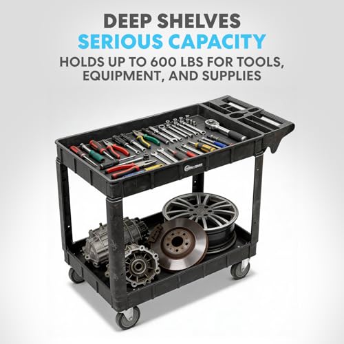 Simpli-Magic Rolling Utility Cart on Wheels, Heavy Duty with Ergonomic Handle, Deep Shelves for Garage, Warehouse, Workshop, 600-Pound Capacity, 40x33x17-Inch, Steel, Black