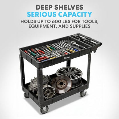 Simpli-Magic Rolling Utility Cart on Wheels, Heavy Duty with Ergonomic Handle, Deep Shelves for Garage, Warehouse, Workshop, 600-Pound Capacity, 40x33x17-Inch, Steel, Black