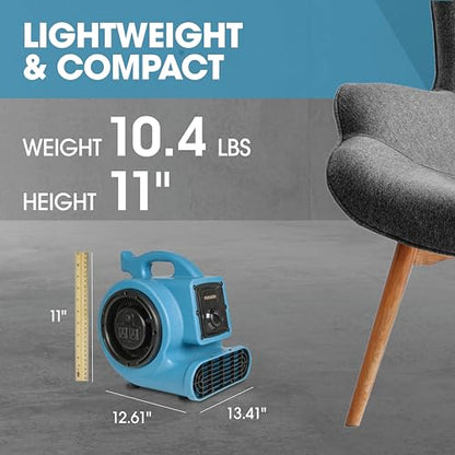 Mini Air Mover | Carpet Dryer and Blower Fan | High-Velocity Floor Fan for Crawlspaces, Attics, Basements, Bathrooms | 1/5 HP 800 CFM | Water Damage Restoration, Grow Rooms | PA-200-AM | Blue