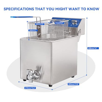 TOPKITCH 8.5Qt Electric Fryer with Oil Drain,30 Minutes Timer,Stretch forming oil tank,Lid and Solid Wire Mesh Basket,Medium Duty Commercial Electric Countertop Deep Fryers-120V,1800W - size: 8.5QT