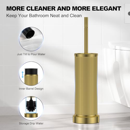 Metal Vertical Grain Toilet Bowl Brush and Holder Set Scrubber Warm Gold - color: Warm Gold