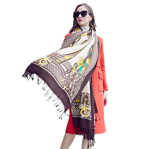 DANA XU 100% Merino Wool Extra Large Pashmina Shawl for Women - color: Brown Yellow Saddle