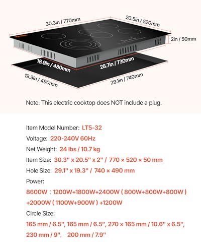 VEVOR Built in Electric Stove Top, 30 inch 5 Burners Ceramic Cooktop, 240V Glass Radiant Cooktop with Sensor Touch Control, Timer & Child Lock Included, 9 Power Levels for Simmer Steam Slow Cook Fry - size: 30 IN-5 Burner+Touch Control