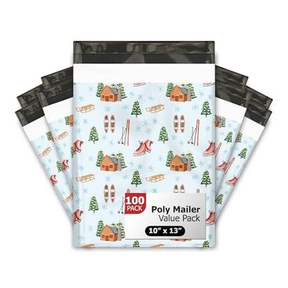 10x13 (100) Winter Snow Day Christmas Designer Poly Mailers Self Sealing Waterproof Shipping Envelopes Holiday Premium Printed Bags For Small Businesses - color: Snow Day, size: 10x13