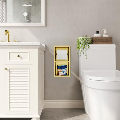 Qeke Recessed Toilet Paper Holder, Dual Rolls Tissue Toilet Holder, Golden - color: Brushed Golden