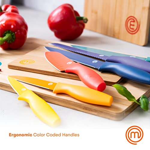 MasterChef Kitchen Knives Set with Covers incl. Paring, Boning, Carving, Bread, Santoku & Chef Knife, Sharp Cutting Stainless Steel Blades with Sheaths, 12 Piece (6 Colored Knives & 6 Covers) - color: Vivid (with Captions), style: Knives with Covers