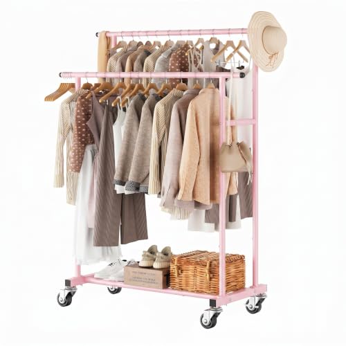 Calmootey Rolling Garment Rack, Sturdy Clothes Organizer for Bedroom - color: Pink, style: Double Rods
