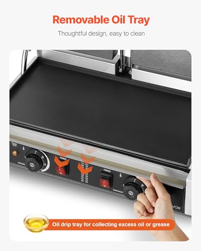 VEVOR Commercial Panini Grill, 3600W Electric Sandwich Panini Maker, Stainless Steel Double Sandwichs Press with Handle and Temp Control, 19x9 in Full Flat Enamel Plate, for Hamburger Steak Bacon