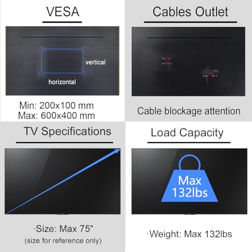 Suptek Ceiling TV Wall Mount Fits 37-75 inch LCD LED Plasma Monitor Flat Panel Screen Display with VESA 600x400 (Max) Loaded up to 132lbs Height Adjustable MC5602 - size: Max 75" TV