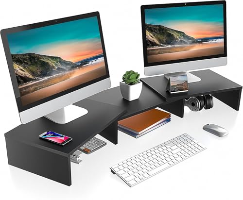 FITUEYES Dual Monitor Stand Riser, Adjustable Length and Angle, Black - color: Black