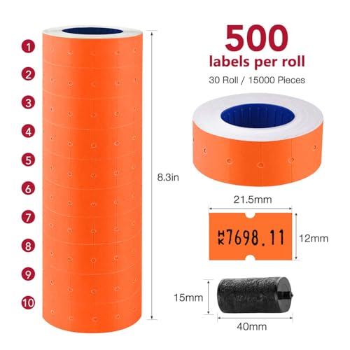 30 Rolls 15000pcs White Price Gun Labels for Mx-5500 Labeller White Pricemarker Stickers Plus 3 Piece Refill Ink Rolls (Orange) - color: Orange