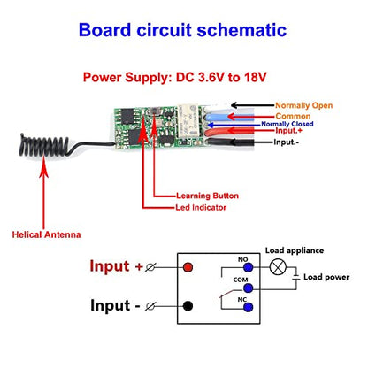Smart Home 433MHz Universal Mini Wireless RF Remote Control Switch DC 5V 6V 9V 12V Electromagnetic Lock Fingerprint Lock Relay Output Control Module (Latching-1 Switch)