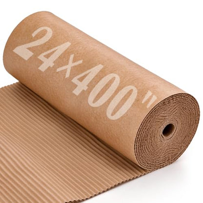 Corrugated Cardboard Roll, 24 x 400 Inches Single Face Brown cardboard Roll for Gardening, Packing & Floor Protection, Cardboard sheets for Moving, Crafts