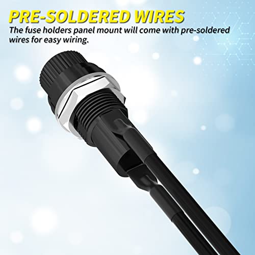 Joinfworld Panel Mount Fuse Holder 5x20mm 12V DC 250V AC Screw Cap Fuse Holders with Pre-Soldered Wires and Fast-Blow Glass Tube Fuses - 5Pack