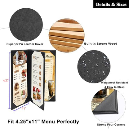 4.25 x 11inches Leather Menu Holder with Strong Wood Inside, Leather Menu Covers 4 View Book Style Restaurant Menu Covers for Wine List Coffee Bars Hotel Restaurant（4.25” x 11” /4 Views /1 pcs） - size: 4.25 x 11 inch/4 views/1 pcs