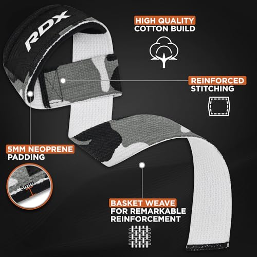 RDX Lifting Straps for Weightlifting –100% Cotton Heavy Duty Gym Wrist Strap with 5MM Neoprene Padding, 60CM Anti-Slip Hand Grip Wraps for Deadlifts Powerlifting Workouts Strength Training, Men Women - color: Camo Grey