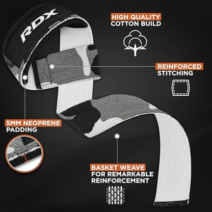 RDX Lifting Straps for Weightlifting –100% Cotton Heavy Duty Gym Wrist Strap with 5MM Neoprene Padding, 60CM Anti-Slip Hand Grip Wraps for Deadlifts Powerlifting Workouts Strength Training, Men Women - color: Camo Grey