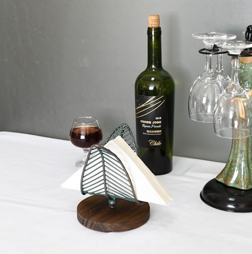 OwlGift Freestanding Modern Napkin Holder w/Golden Turquoise Wrought Iron Leaf & Brown Wooden Base Design, Tabletop Tissue Dispenser, Napkin Storage Organizer - color: Wire / Golden Turquoise