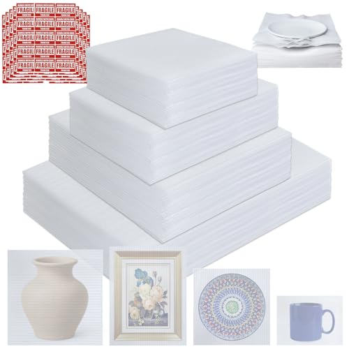 350 Pcs Dish Packing Supplies for Moving, 250 Cushion Foam Pouches(4 Sizes 16x12'',12x12'',12x8'',8x8'') and Foam Sheets(12x12'') with 100 Fragile Stickers for Packing,Storage,Shipping