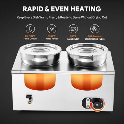 WILPREP Commercial Food Warmer with Two 7.4 QT Inserts, 1500W Countertop Electric Steam Table, 86-185°F Adjustable Temp Control & Over-Temp Protection, Stainless Steel - size: 7L*2