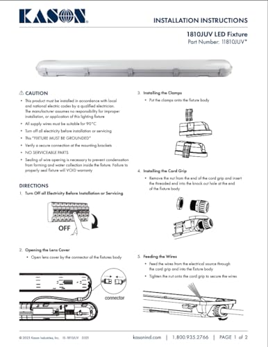 Kason 1810JUV LED Light Fixture, 4ft Walk-in Cooler/Freezer LED Ceiling Light, IP65 Vapor-Tight Polycarbonate Housing, 4000K, 11810JUV4840