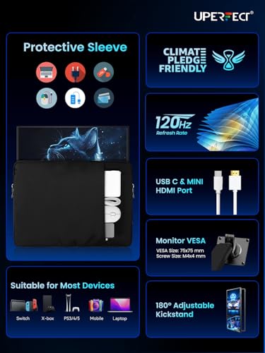 UPERFECT Portable Monitor 18.5-inch 120HZ Touchscreen 100% sRGB w/VESA & Stand 180° Adjustable Ultra-Slim & Lightweight Frameless FHD FreeSync IPS HDR Gaming Display, Travel Second Monitor for Laptop - size: 18.5"