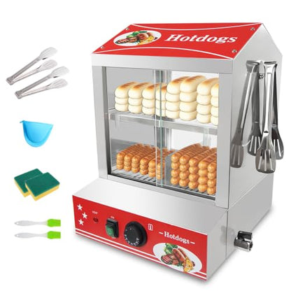 29 QT Hot Dog Steamer with Bun Warmer - Electric Steaming Machine 2-Tier Capacity for 175 Hot Dogs & 40 Buns, Visible Glass Slide Doors for Commercial Home Use