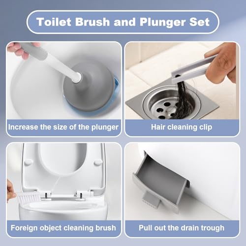 Toilet Brush and Plunger Set 4 in 1 Toilet Brush and Holder with Crevice Cleaning Brush and Clip Deep Cleaning, Wall Mounted Home Bathroom Cleaning Tool Combo （Gray 1）