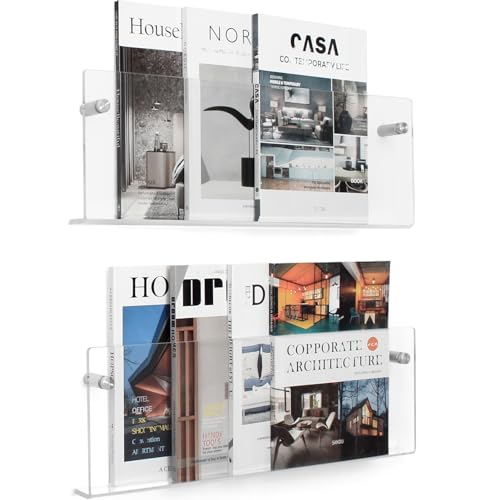 2 Pack Clear Acrylic Magazine Holder, Wall Mount Hanging Bookshelf Literature Storage Rack, Brochure File Display Shelf for Waiting Room, Living Room, Office, Home - size: Clear & 17 Inch