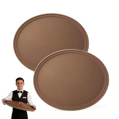 CURTA 2-Pack Restaurant Grade Non-Slip Tray, NSF, Oval 19-Inch x 23-Inch, Plastic Rubber Lined Round Serving Tray, Brown - color: Brown-oval, size: 23 Inch x 19 Inch x 1 Inch