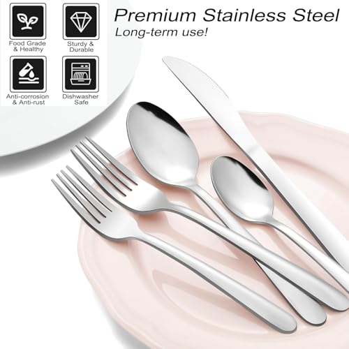 Pleafind 48-Piece Stainless Steel Silverware Set for 8 - Heavy Duty Flatware Set Including Steak Knives, Forks, Spoons and Dinner Knives, Mirror Polished Kitchen Utensils Set, Dishwasher Safe - size: 48 pieces