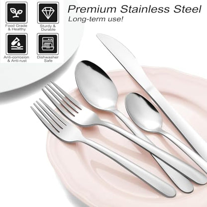 Pleafind 48-Piece Stainless Steel Silverware Set for 8 - Heavy Duty Flatware Set Including Steak Knives, Forks, Spoons and Dinner Knives, Mirror Polished Kitchen Utensils Set, Dishwasher Safe - size: 48 pieces