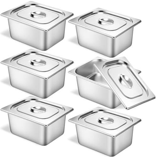 6 Pack Hotel Pans 1/2 Size 6" Deep Stainless Steel Steam Table Pan w/Lids - color: 1/2, size: 6'' Deep