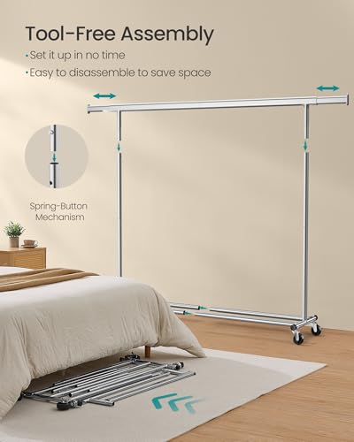 SONGMICS Clothes Rack with Wheels, Heavy-Duty, 330 lb Load Capacity - color: Silver, size: 17.7"D x (63"-78.7")W x 63.6"H