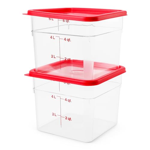 Cambro Food Storage Container with Lid - 6 QT (Quart) Square, Classic Series with Red Lid, Commercial Grade for Food Prep, Clear, 2 Pack - size: 6 QT + Lid (Pack of 2)