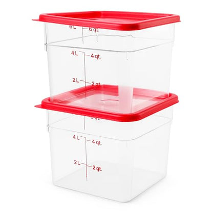 Cambro Food Storage Container with Lid - 6 QT (Quart) Square, Classic Series with Red Lid, Commercial Grade for Food Prep, Clear, 2 Pack - size: 6 QT + Lid (Pack of 2)