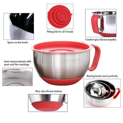 Rorence Stainless Steel Mixing Bowls: Metal Mixing Bowl Set with Lids and Handles Non-slip Silicone Bottom Nesting Bowls for Kitchen Set of 3 - Red - color: Red