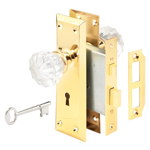 Prime-Line E 28336 Mortise Keyed Lock Set with Glass Knob Perfect for Replacing Antique Lock Sets, Fits Doors with 2-3/8 in. Backset (Single Pack) - color: Brass