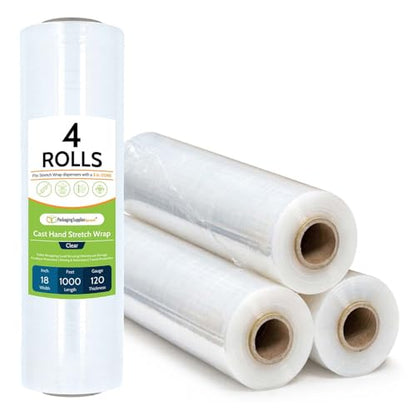 PSBM Cast Hand Plastic Stretch Wrap/Shrink Film 18" x 1000Ft 120 GA 4 Rolls - size: 18 Inch, style: 120 GA