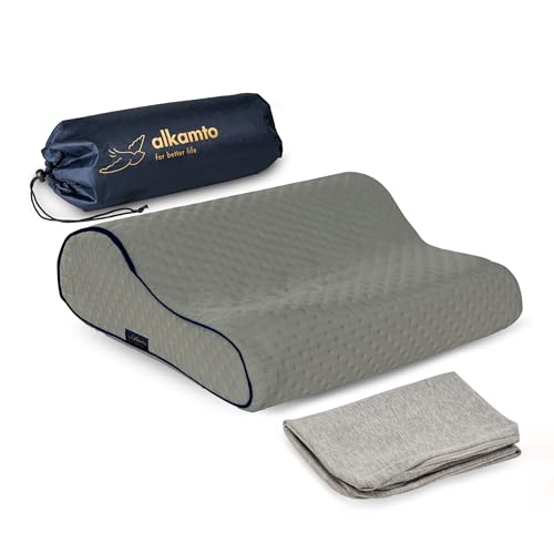 alkamto Travel & Camping Comfortable Memory Foam Pillow – Easy to Carry Portable Bag – Temperature Regulating Pillow Case - size: 13.7 x 11.8 x 3.9 / 3.14 In - Grey + Extra Cover