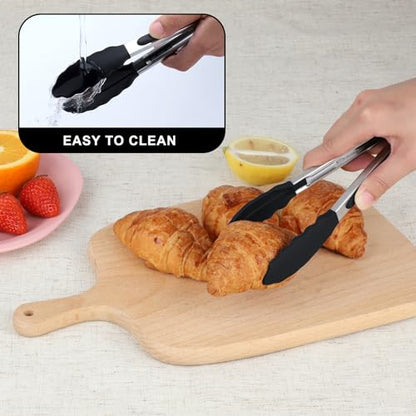 HOTEC Small Silicone Kitchen Tongs 7-Inch Mini Serving Tongs, Set of 3 - color: Black