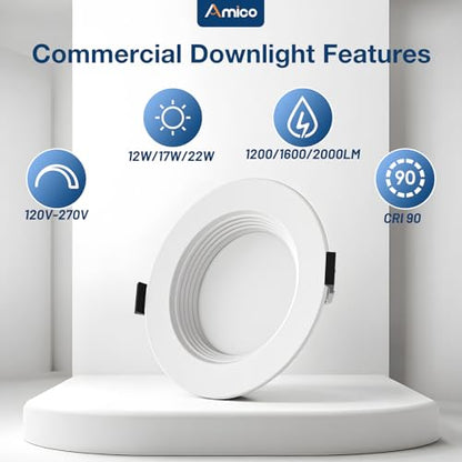 Amico 6 Inch Commercial LED Recessed Downlight, 12W/17W/22W Adjustable