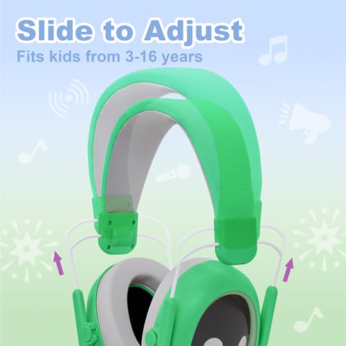 Kids Hearing Protection Earmuffs,Lightweight Adjustable for Kids 3-16 years,Noise Cancelling Headphones,25dB Sound Reduction Ideal for Concert,Firework,Airplane,Sound Proof(Green) - color: Green