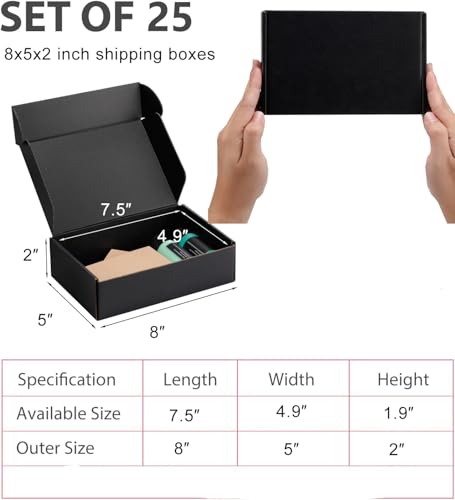8x5x2 inch Black Shipping Boxes for Small Business- Set of 25 - color: Black, size: 8x5x2 Inch