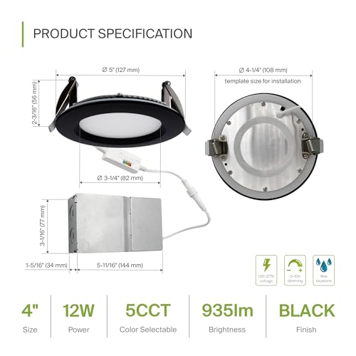 ASD Recessed Lighting 4 Inch, Round Commercial LED Downlight, Mini Panel Baffle Trim, 12W 120-277V, 5 CCT 2700K-5000K, Dimmable LED Ceiling Light Fixture, Black, ETL, 6 Pack - color: 6 Pack, size: 4 Inch Black