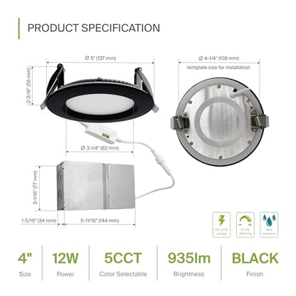 ASD Recessed Lighting 4 Inch, Round Commercial LED Downlight, Mini Panel Baffle Trim, 12W 120-277V, 5 CCT 2700K-5000K, Dimmable LED Ceiling Light Fixture, Black, ETL, 6 Pack - color: 6 Pack, size: 4 Inch Black